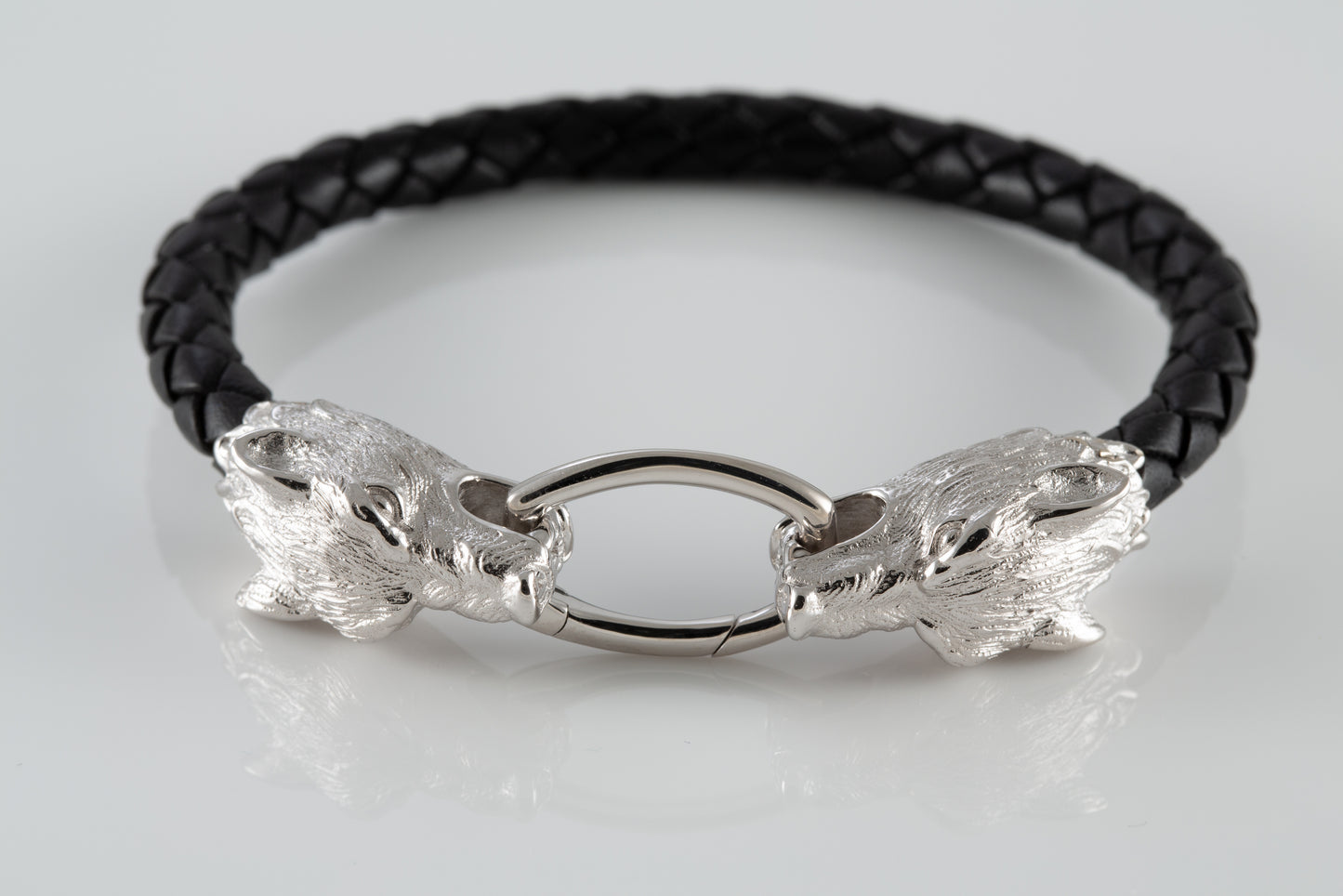 Sterling Silver Wolf Head Leather Bracelet