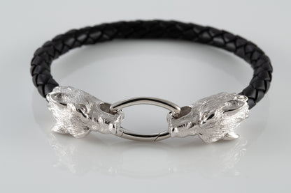 Sterling Silver Wolf Head Leather Bracelet