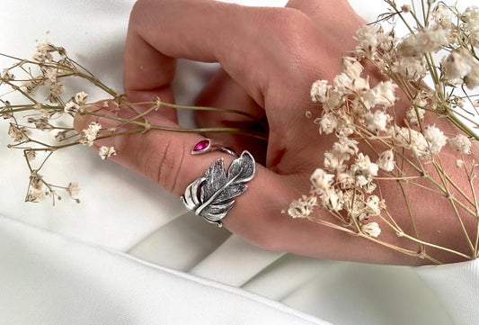 Sterling Silver Feather Ring with Nano Crystal