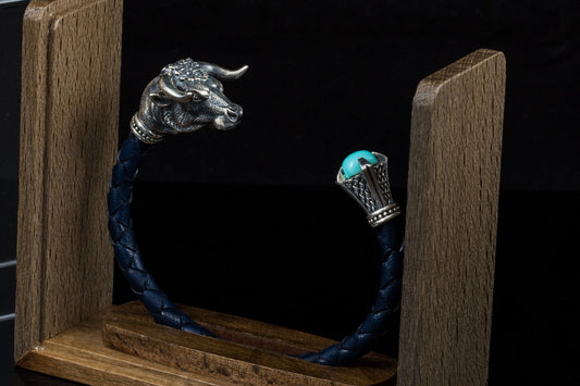 Men’s Bull Head Leather Bracelet in 925 Sterling Silver
