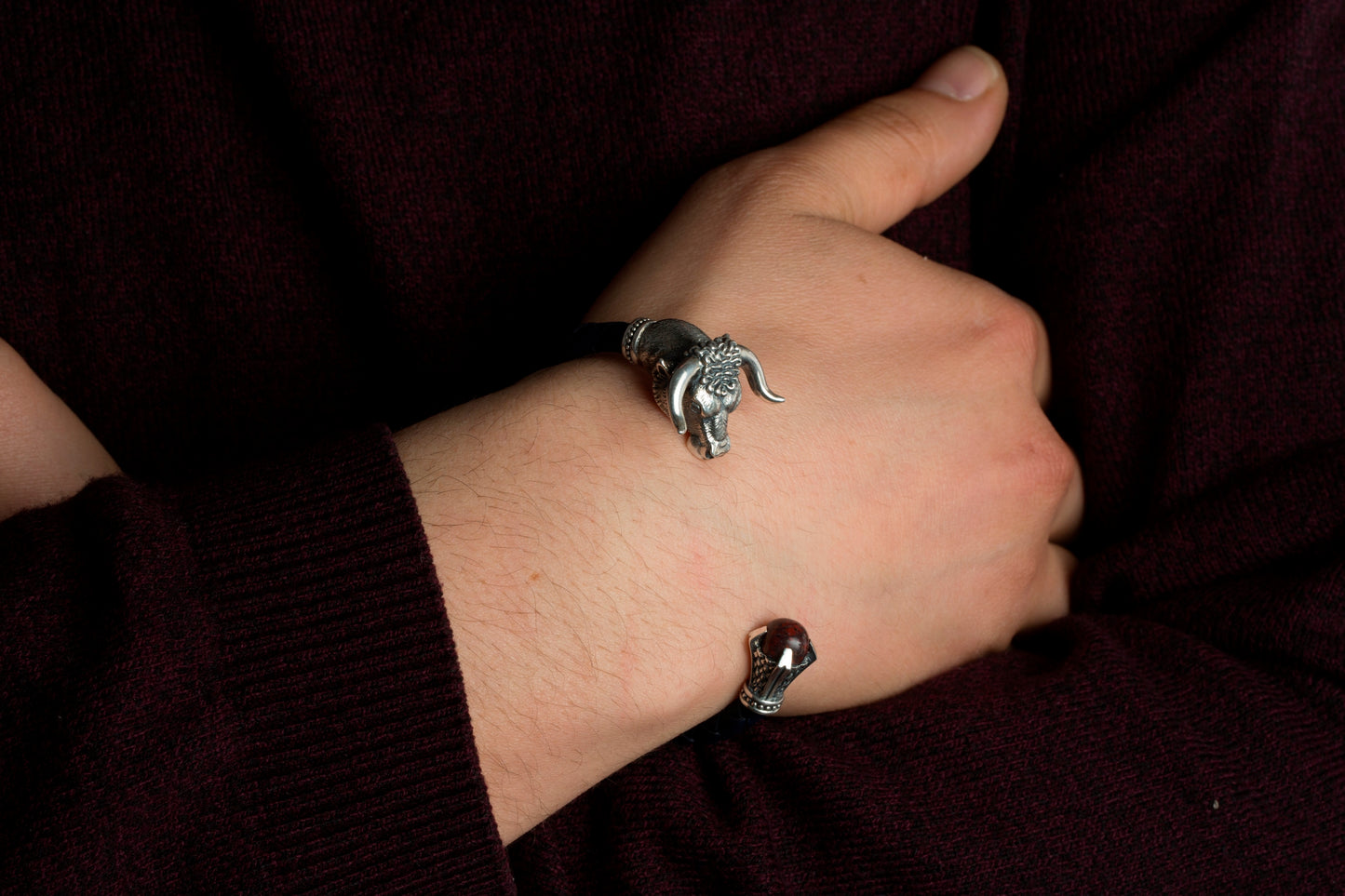 Men’s Bull Head Leather Bracelet in 925 Sterling Silver