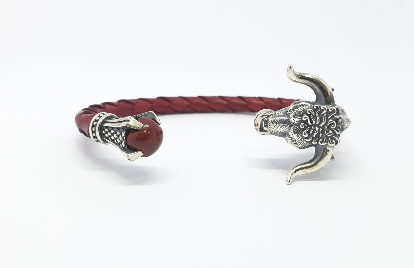 Men’s Bull Head Leather Bracelet in 925 Sterling Silver