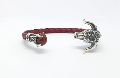 Men’s Bull Head Leather Bracelet in 925 Sterling Silver