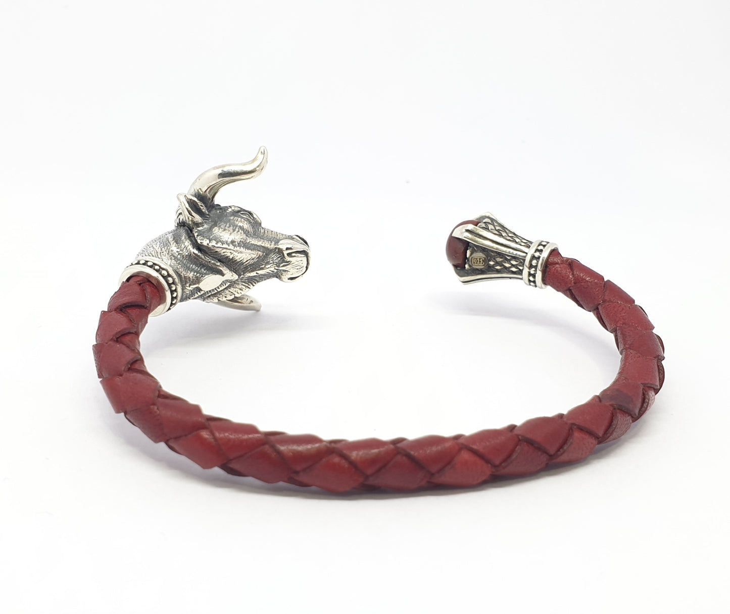 Men’s Bull Head Leather Bracelet in 925 Sterling Silver