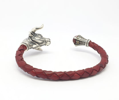 Men’s Bull Head Leather Bracelet in 925 Sterling Silver