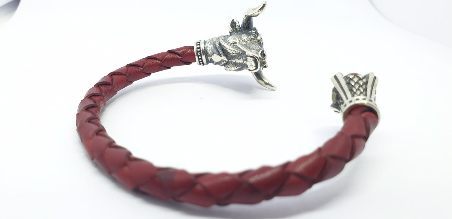 Men’s Bull Head Leather Bracelet in 925 Sterling Silver