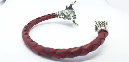 Men’s Bull Head Leather Bracelet in 925 Sterling Silver