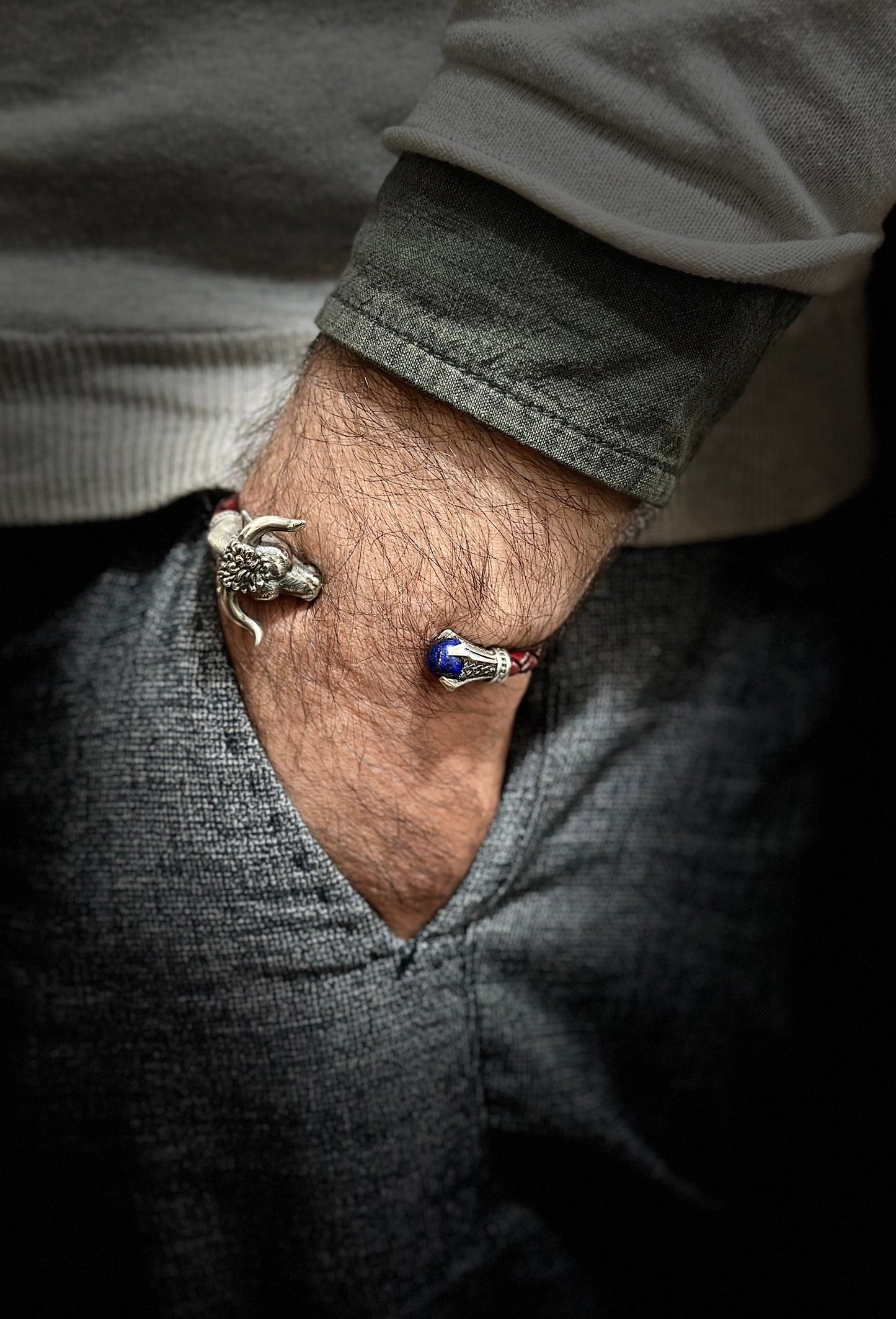 Men’s Bull Head Leather Bracelet in 925 Sterling Silver
