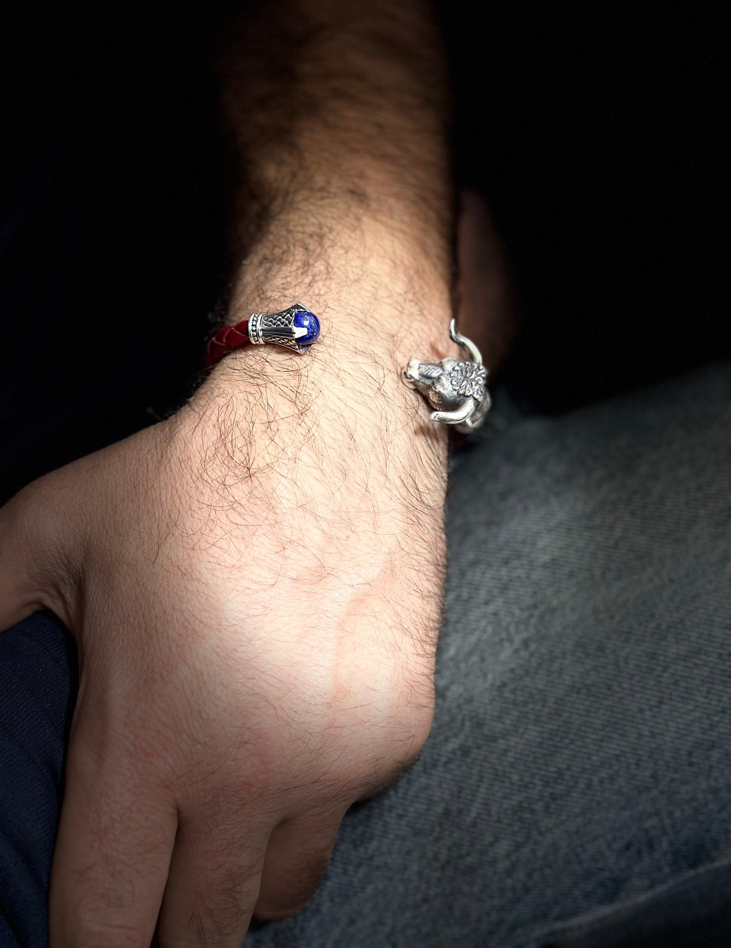 Men’s Bull Head Leather Bracelet in 925 Sterling Silver