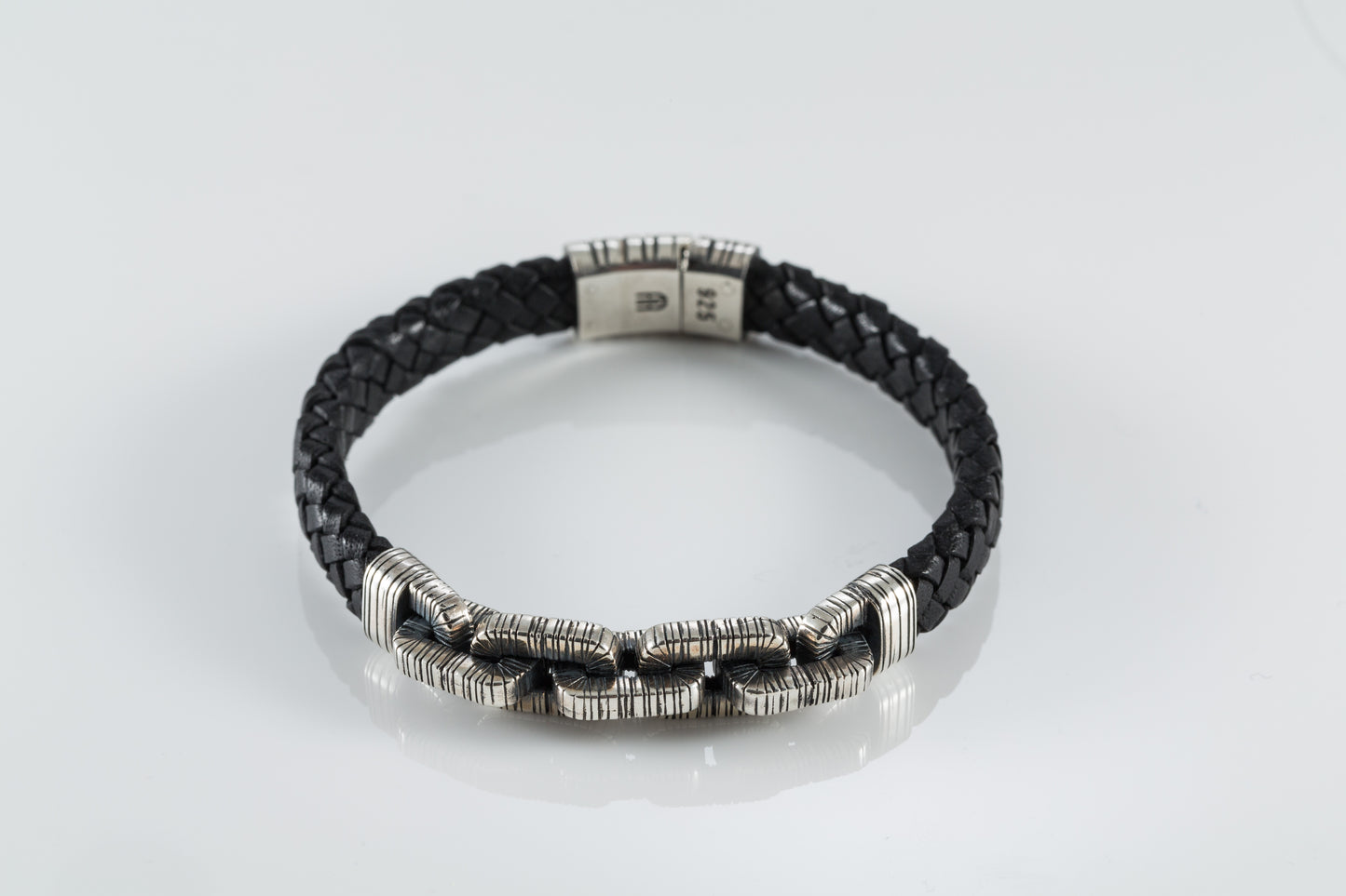 Braided Black Leather Bracelet, Sterling Silver Chain Links