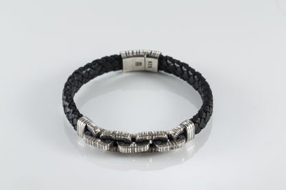 Braided Black Leather Bracelet, Sterling Silver Chain Links