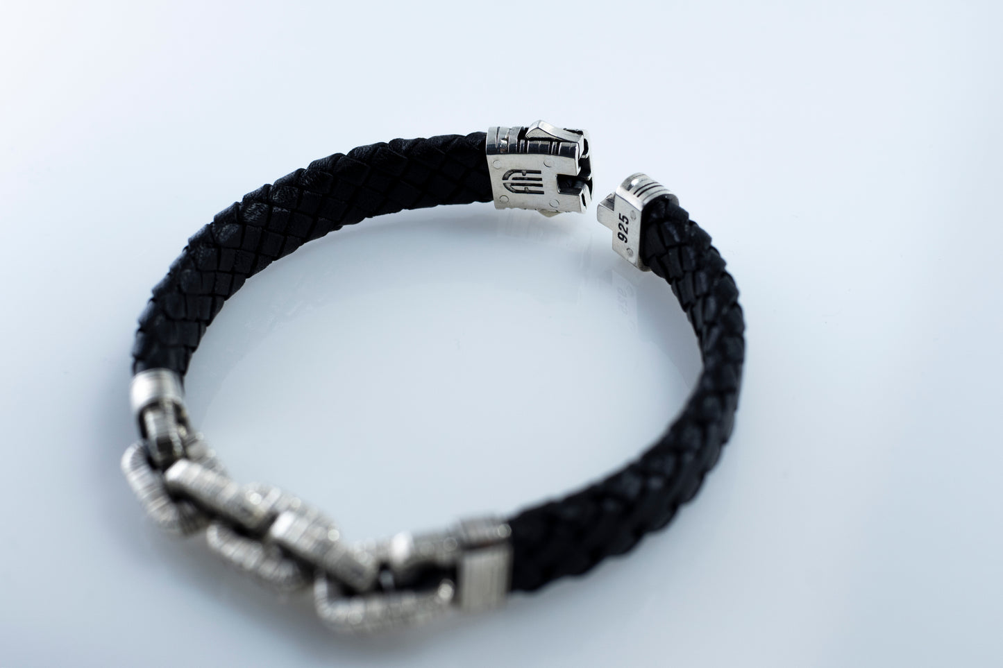 Braided Black Leather Bracelet, Sterling Silver Chain Links