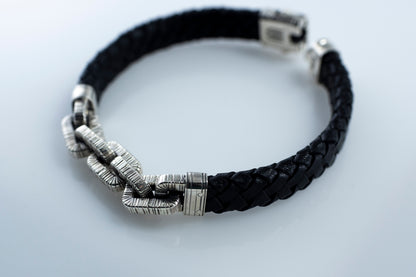Braided Black Leather Bracelet, Sterling Silver Chain Links