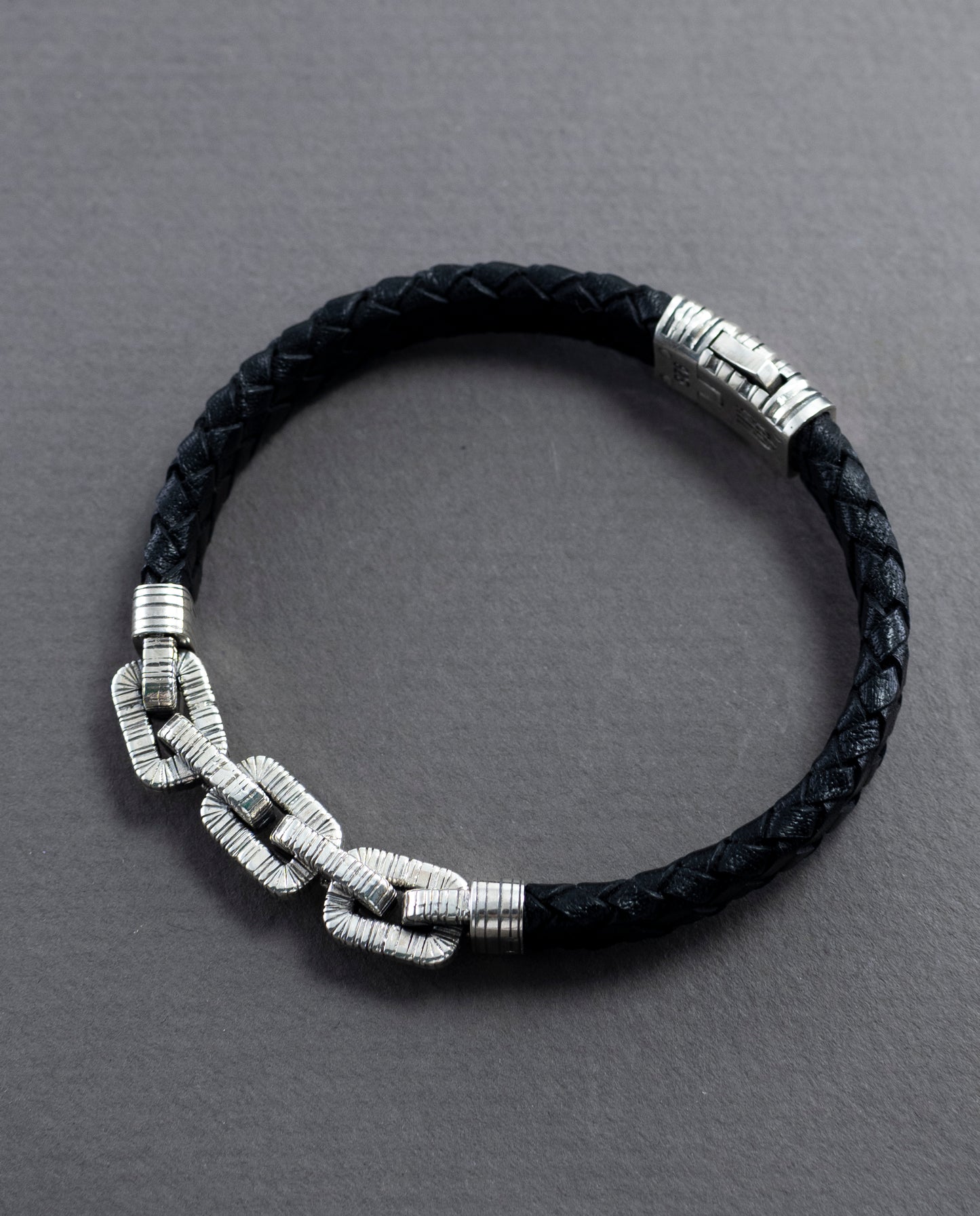 Braided Black Leather Bracelet, Sterling Silver Chain Links