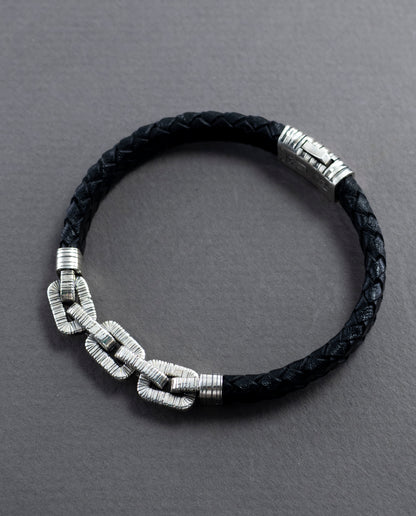 Braided Black Leather Bracelet, Sterling Silver Chain Links