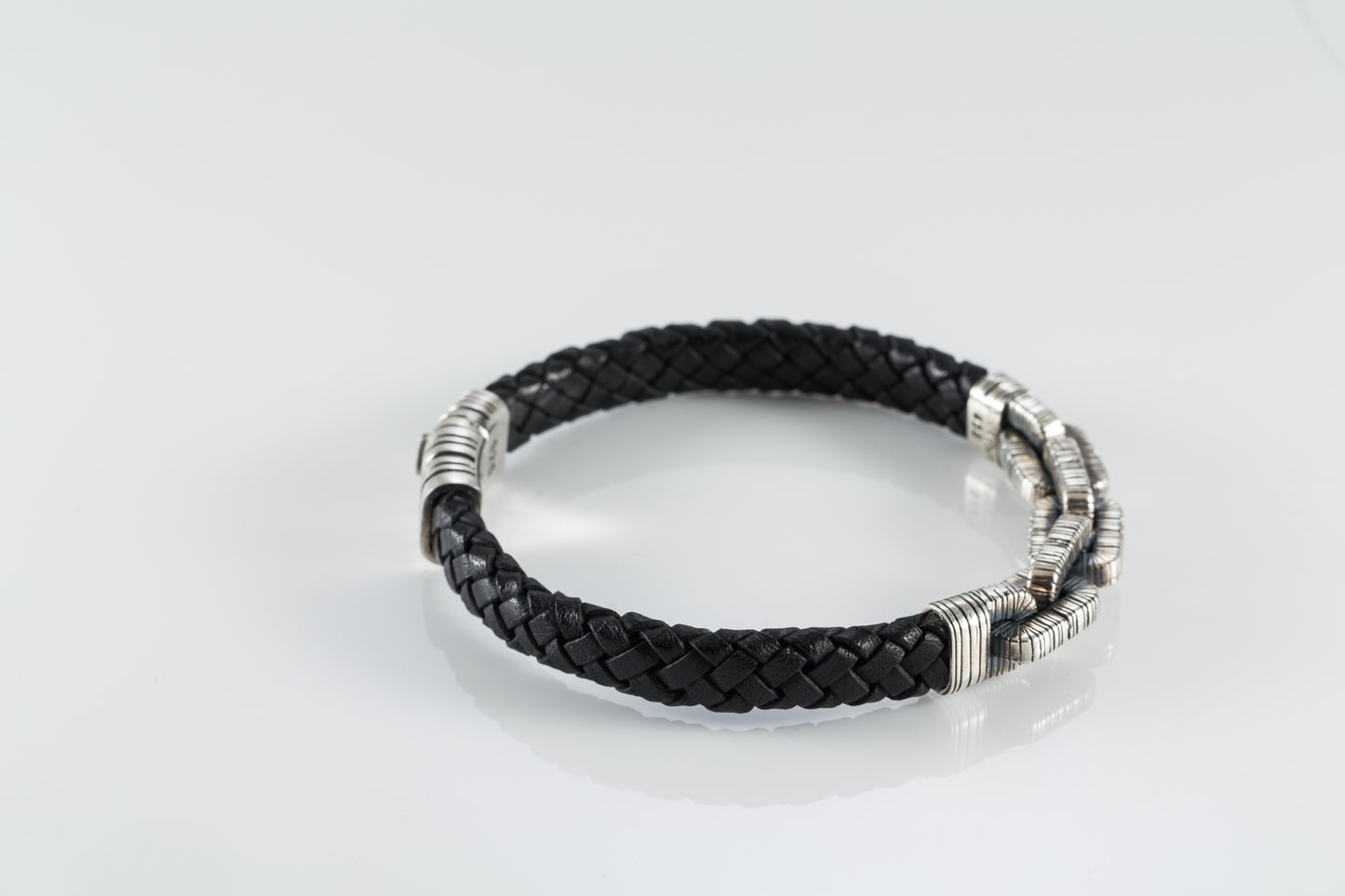 Braided Black Leather Bracelet, Sterling Silver Chain Links