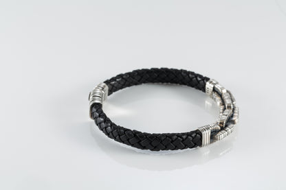Braided Black Leather Bracelet, Sterling Silver Chain Links