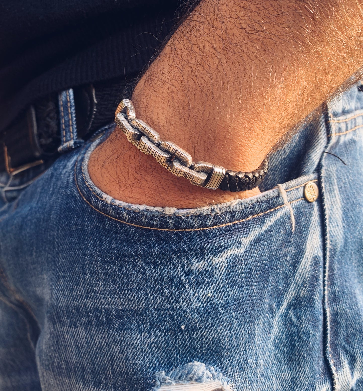 Braided Black Leather Bracelet, Sterling Silver Chain Links