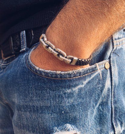 Braided Black Leather Bracelet, Sterling Silver Chain Links