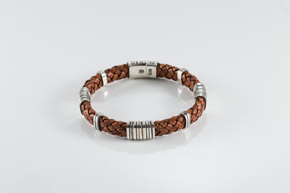 Brown Braided Leather Bracelet for Men - Sterling Silver 925 Cuff Bracelet