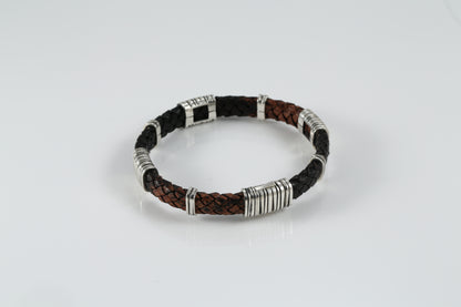 Brown Braided Leather Bracelet for Men - Sterling Silver 925 Cuff Bracelet