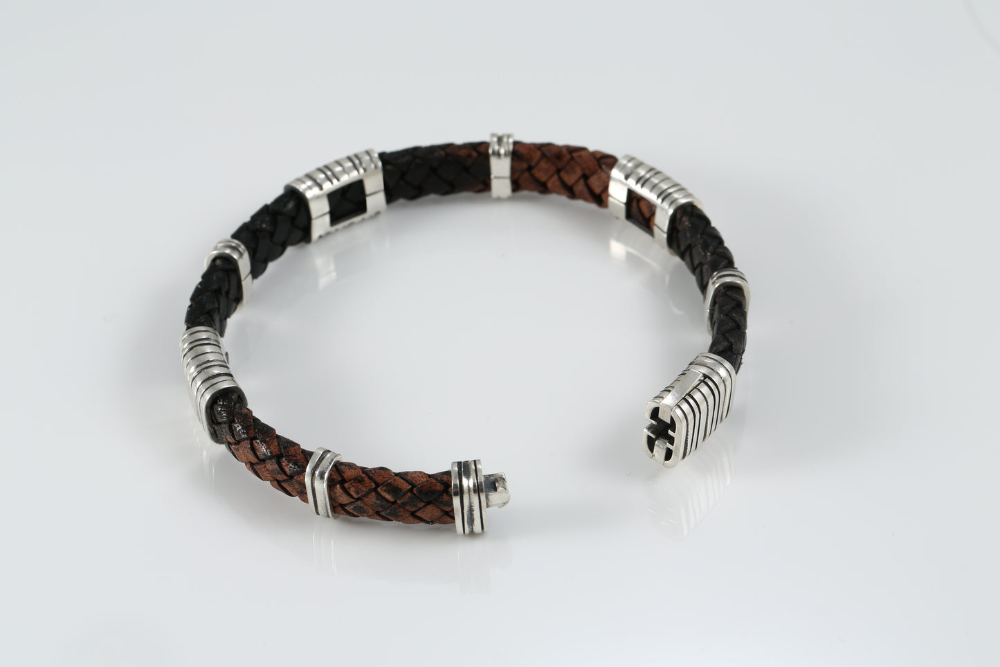 Brown Braided Leather Bracelet for Men - Sterling Silver 925 Cuff Bracelet