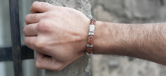 Brown Braided Leather Bracelet for Men - Sterling Silver 925 Cuff Bracelet