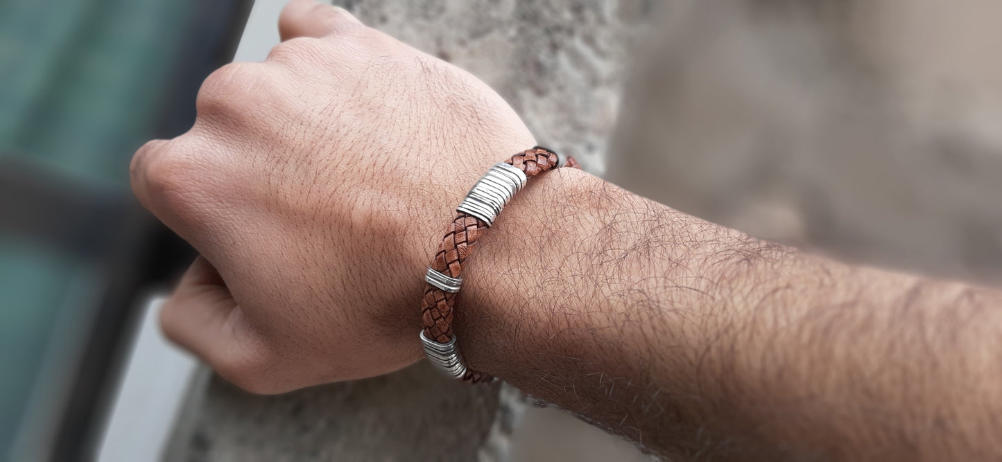 Brown Braided Leather Bracelet for Men - Sterling Silver 925 Cuff Bracelet
