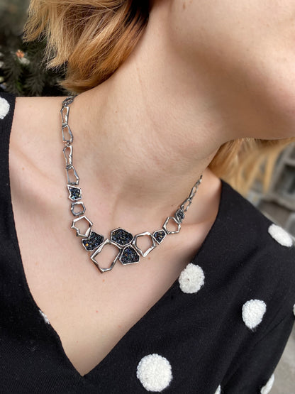 Earth Element Necklace, Handmade Geometric Silver Carborundum Necklace