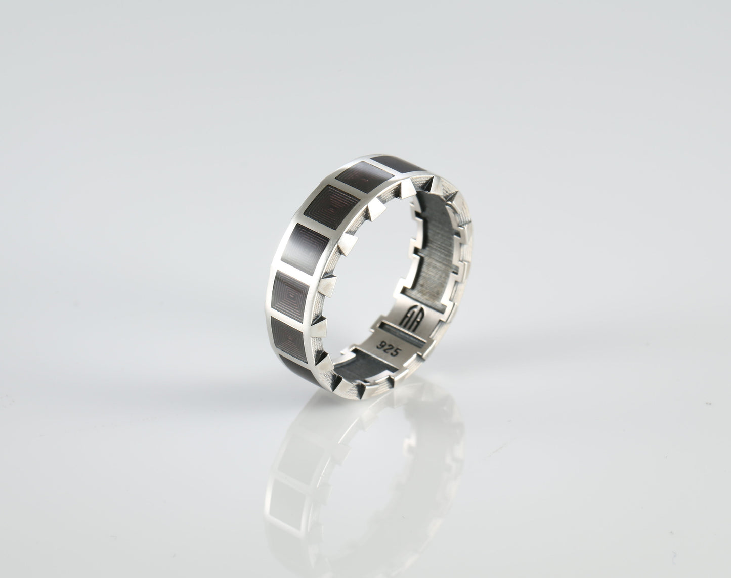 Men's Geometric Sterling Silver Ring - Red Enamel
