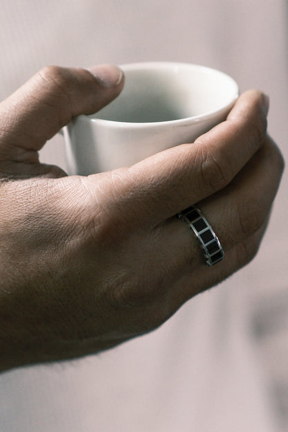 Men's Geometric Sterling Silver Ring - Red Enamel