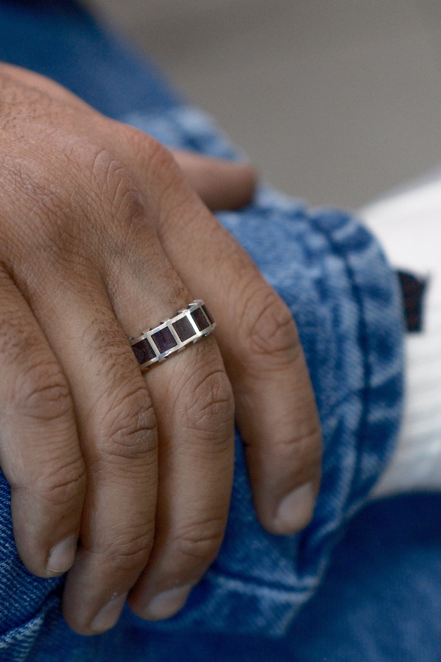 Men's Geometric Sterling Silver Ring - Red Enamel
