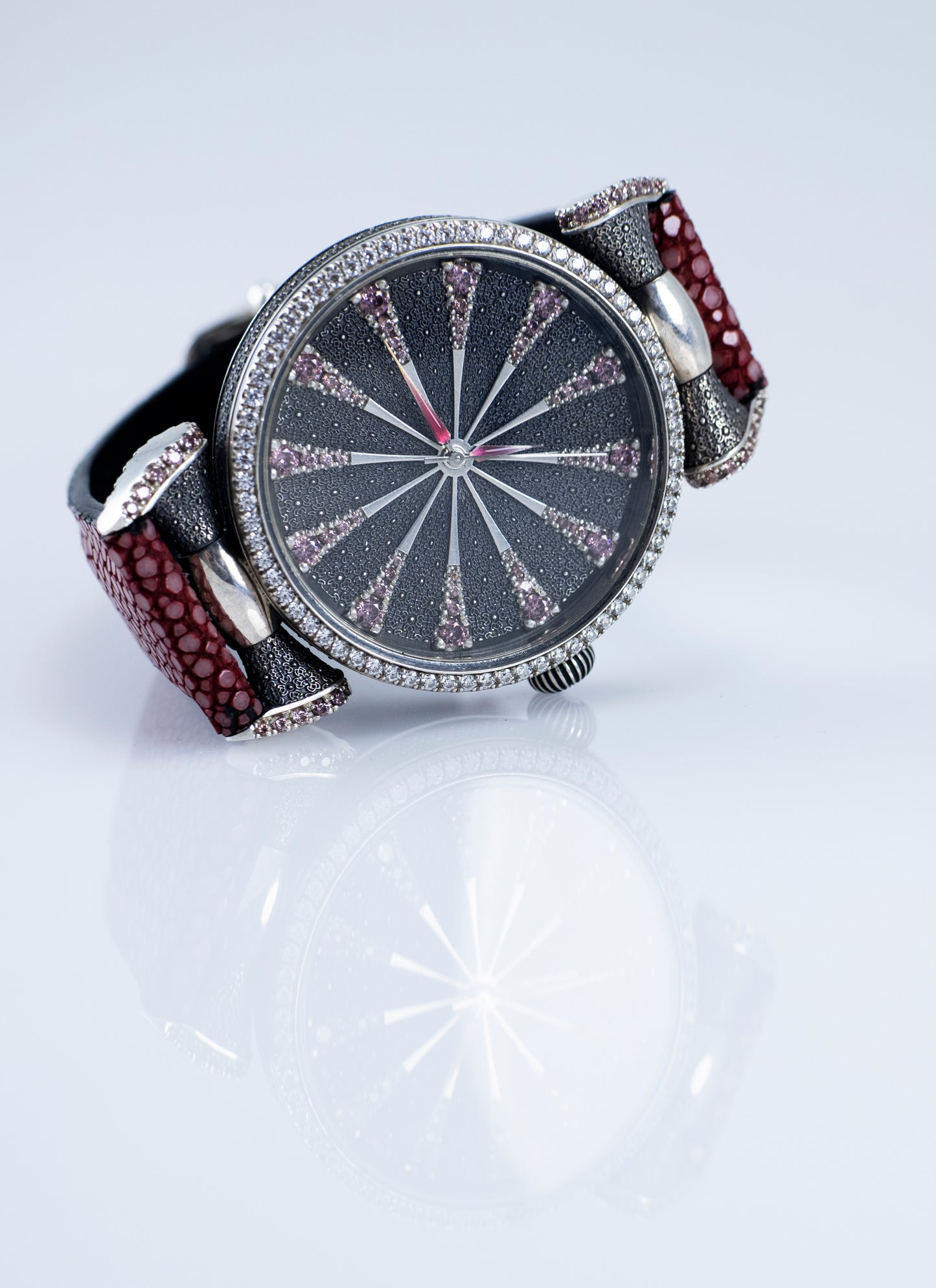 Handmade Sterling Silver Watch, Lilac Cubic Zirconia Dial, Stingray Leather