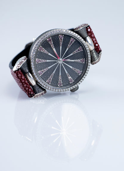 Handmade Sterling Silver Watch, Lilac Cubic Zirconia Dial, Stingray Leather