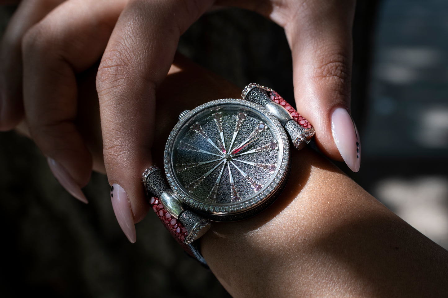 Handmade Sterling Silver Watch, Lilac Cubic Zirconia Dial, Stingray Leather
