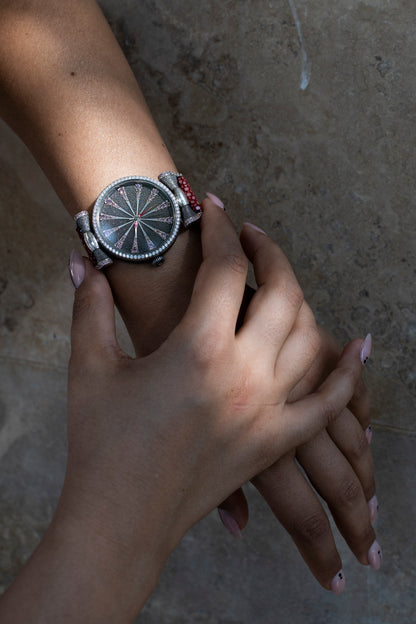 Handmade Sterling Silver Watch, Lilac Cubic Zirconia Dial, Stingray Leather