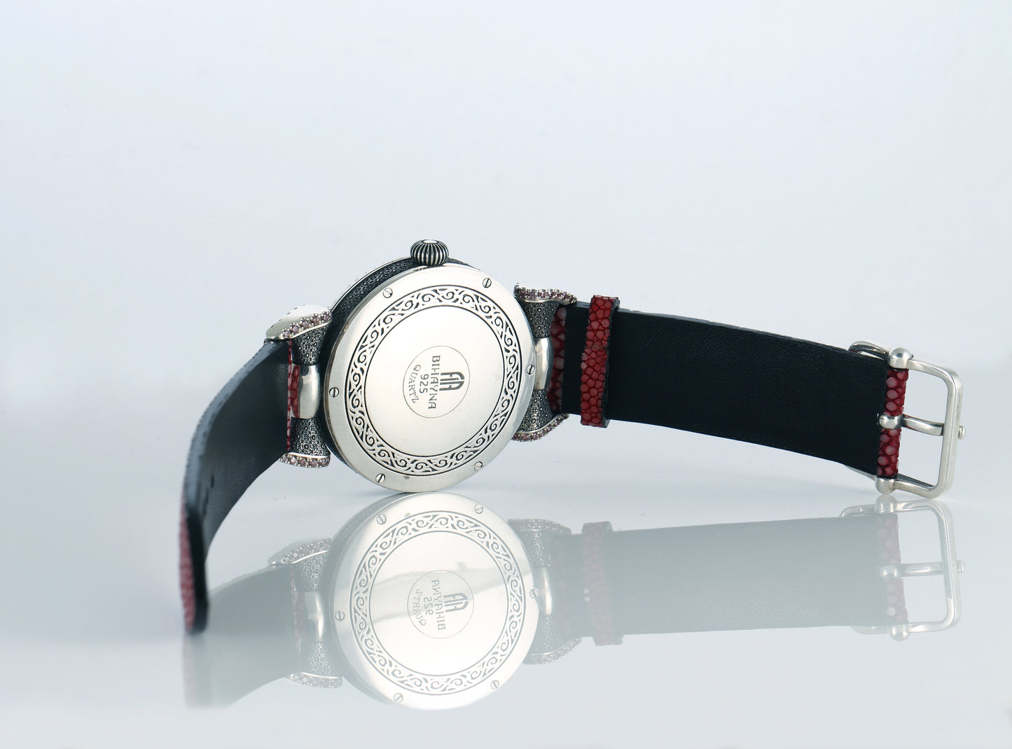 Handmade Sterling Silver Watch, Lilac Cubic Zirconia Dial, Stingray Leather