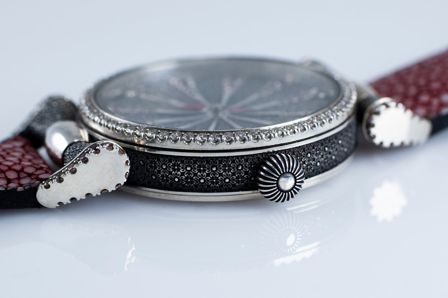 Handmade Sterling Silver Watch, Lilac Cubic Zirconia Dial, Stingray Leather
