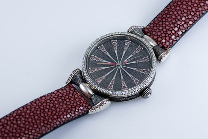 Handmade Sterling Silver Watch, Lilac Cubic Zirconia Dial, Stingray Leather