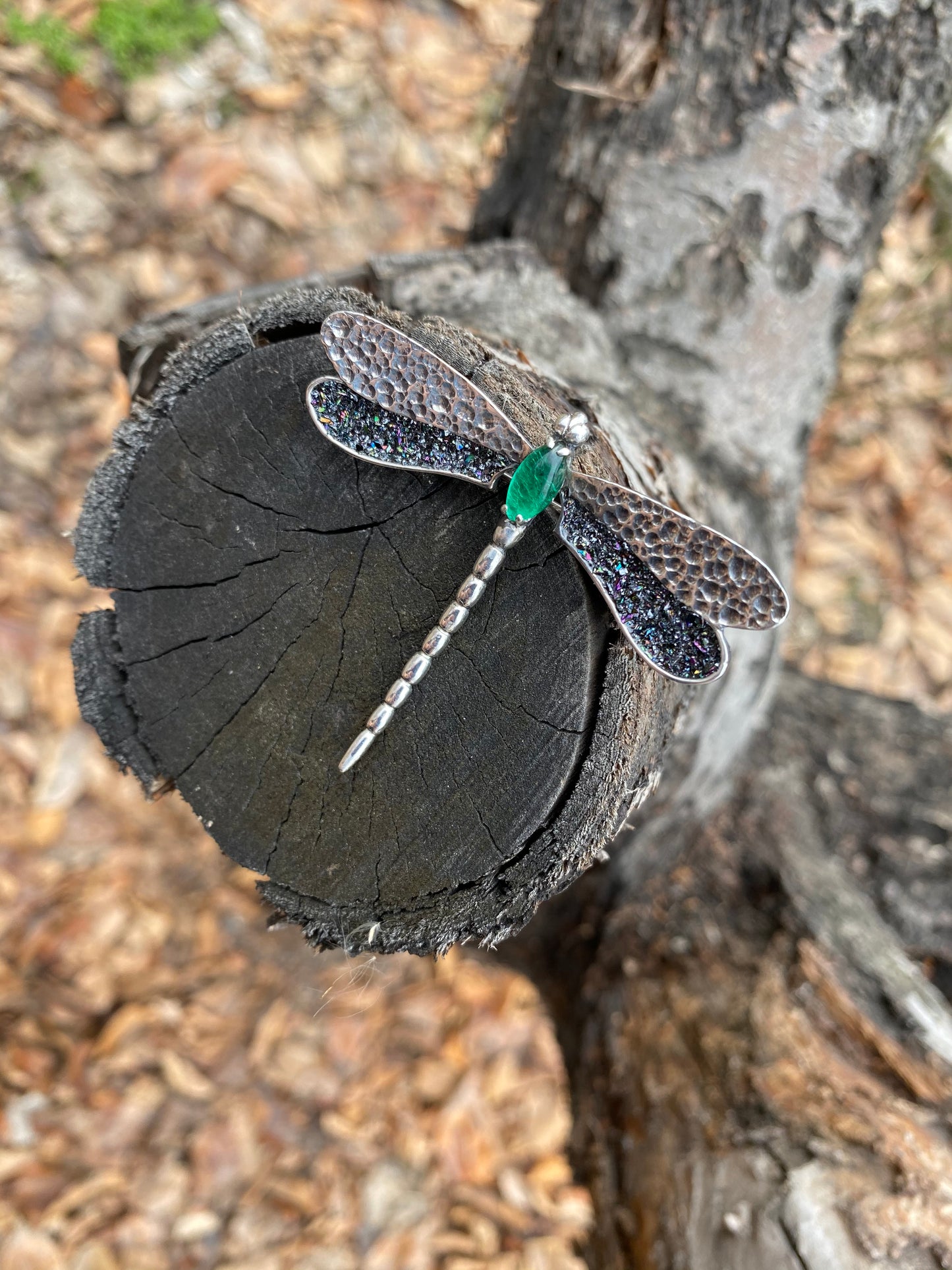 Sterling Silver Dragonfly Brooch – Handmade Green Chrysoberyl Pin