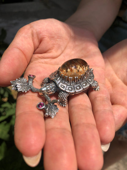 Handmade Silver Turtle Pendant with Quartz & Tourmaline