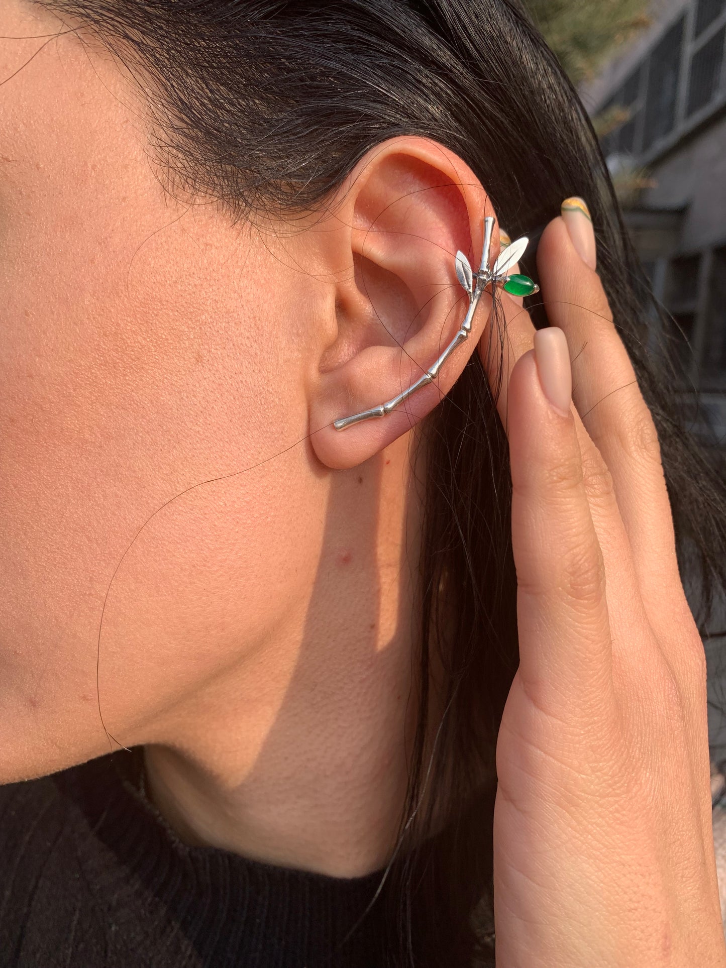 Sterling Silver Bamboo Ear Climber with Green Stone
