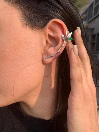 Sterling Silver Bamboo Ear Climber with Green Stone