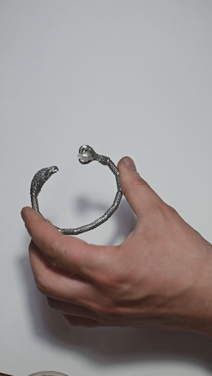Handcrafted Eagle Claw Silver Cuff Bracelet with Crystal