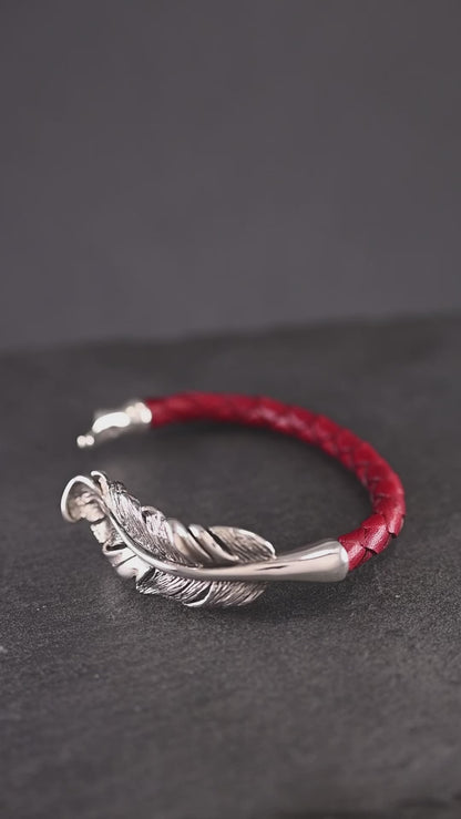 Sterling Silver Feather Cuff Bracelet | Handmade Leather Bangle