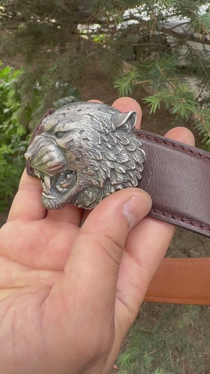 Sterling Silver Snow Leopard Belt Buckle