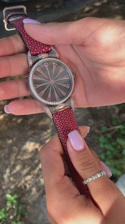 Handmade Sterling Silver Watch, Lilac Cubic Zirconia Dial, Stingray Leather