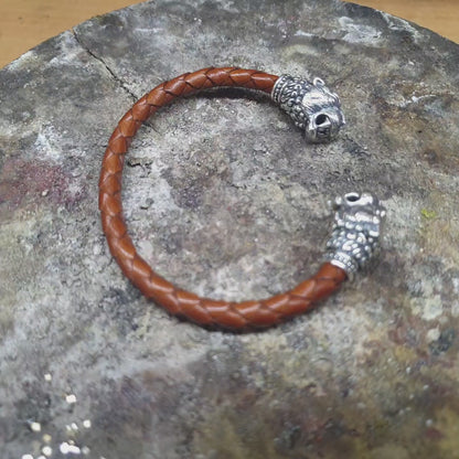 Lion Head Braided Leather Cuff Bracelet