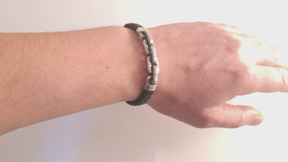 Braided Black Leather Bracelet, Sterling Silver Chain Links