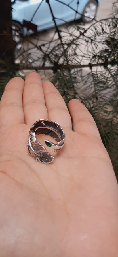 Sterling Silver Feather Ring with Nano Crystal